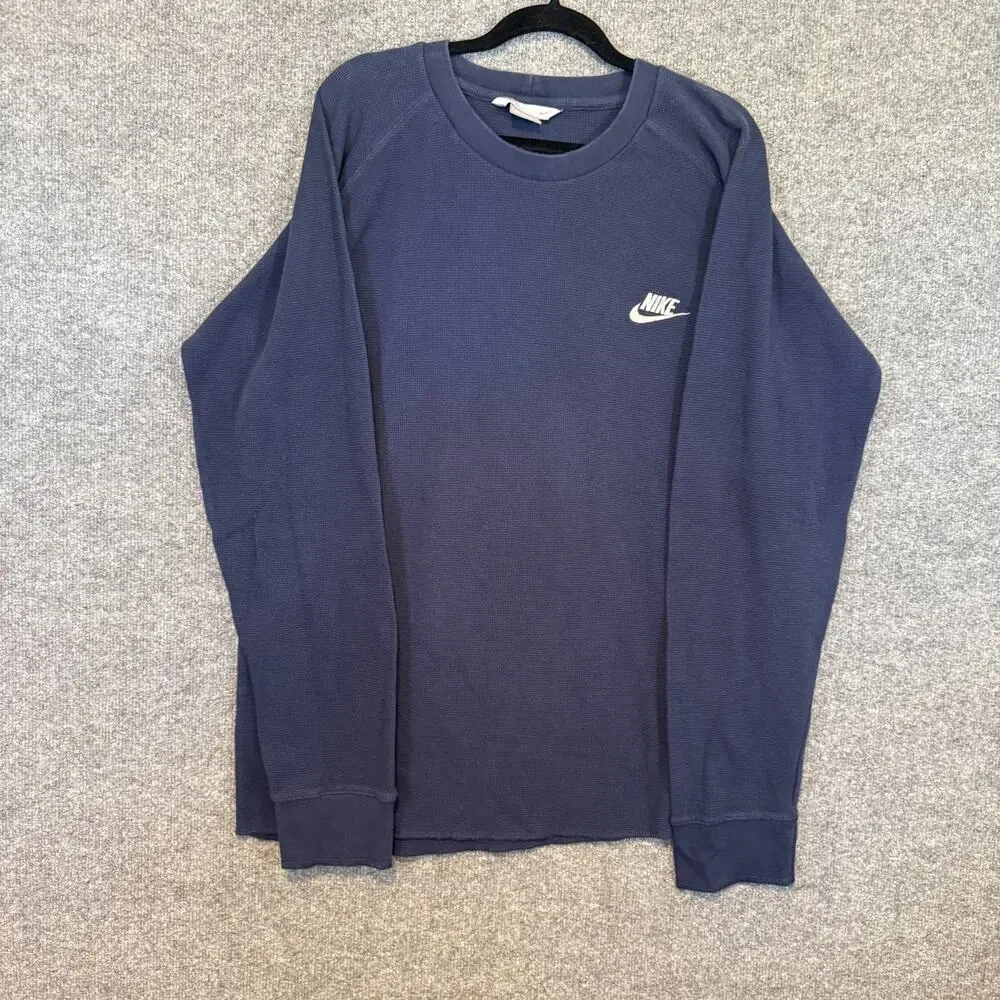 Nike Shirt Mens 2XL XXL Blue Vintage Waffle Knit Long‎ Sleeve Crewneck Y2K